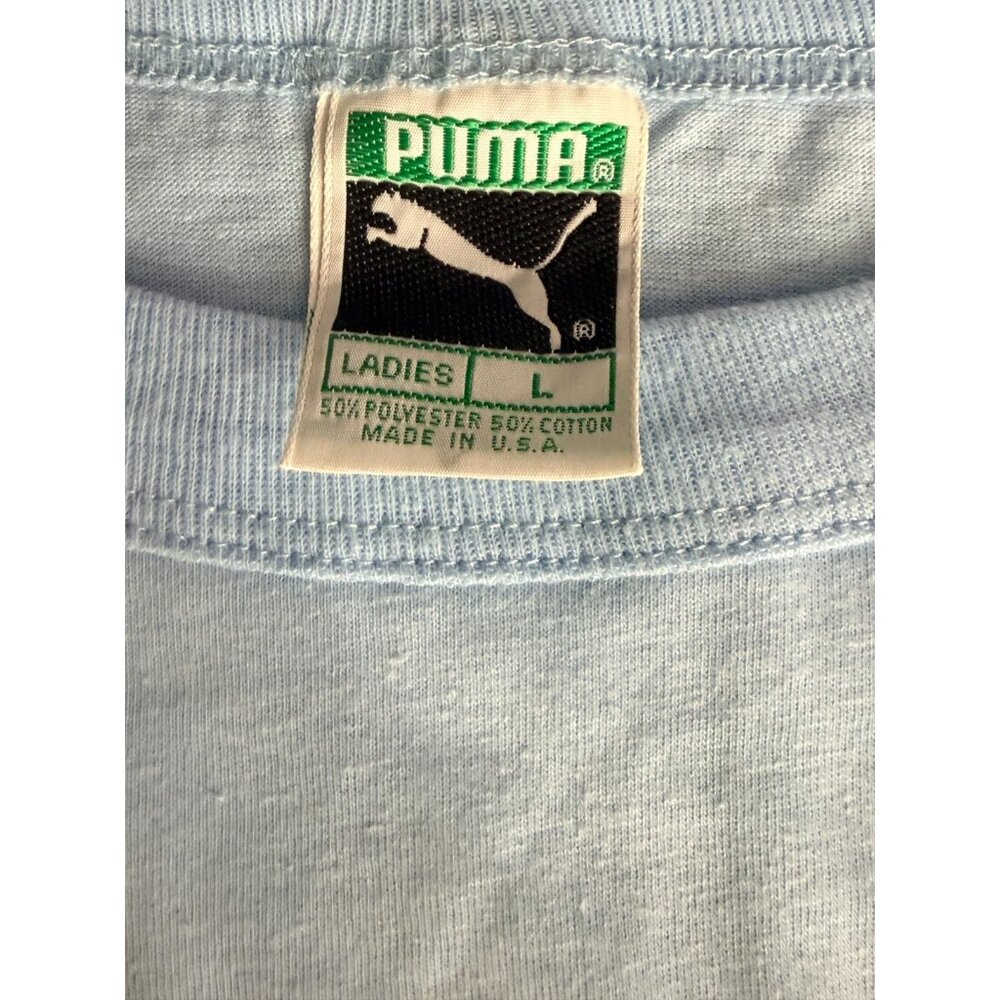 Vintage 80s Puma USA Aerobics Graphic T-Shirt Ladies L Light Blue Made in USA - Picture 4 of 6